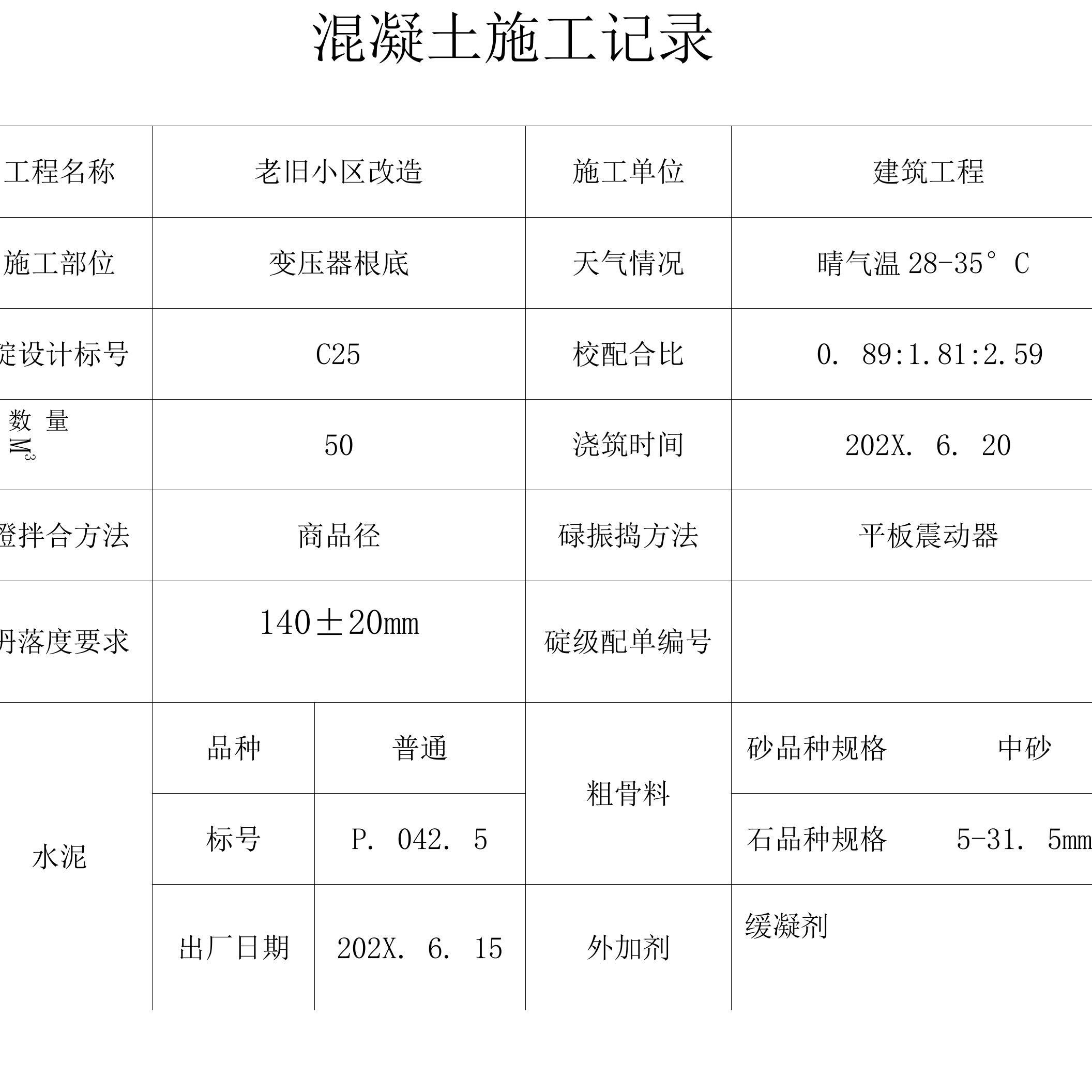 建筑工程混凝土施工记录表格填写范例