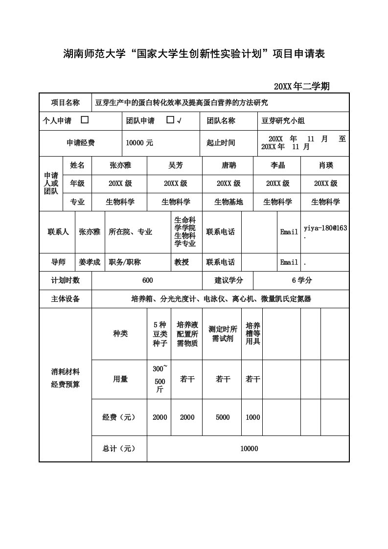 项目管理-湖南师范大学国家大学生创新性实验计划项目申请表