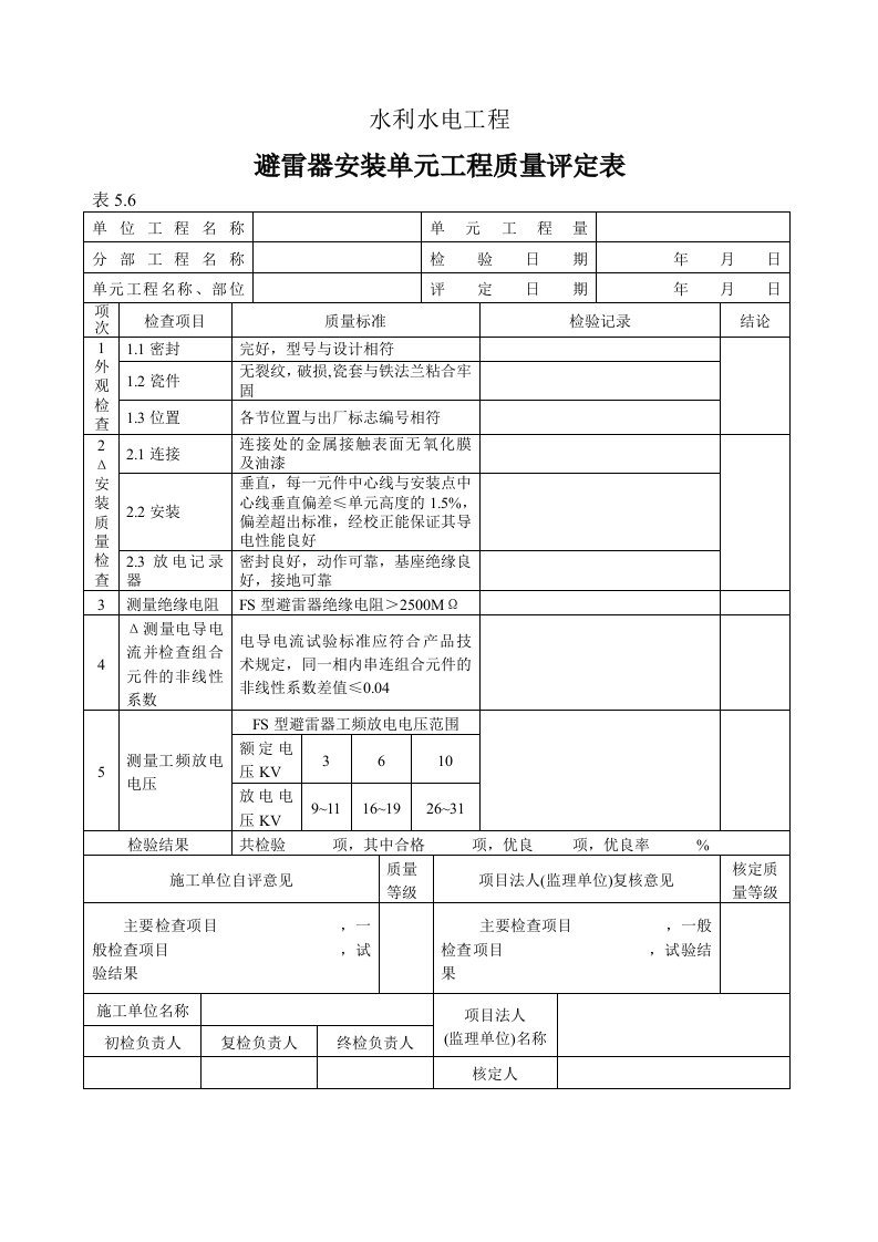 水利水电工程避雷器安装单元工程质量评定表