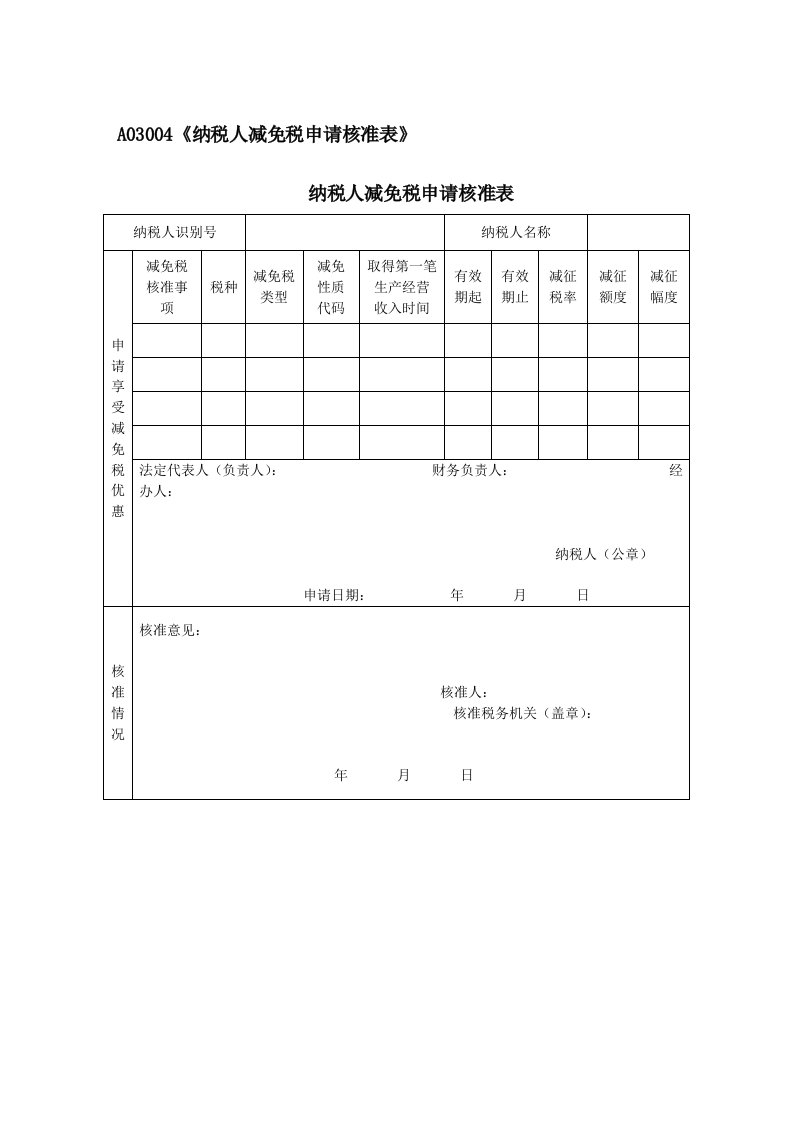 A03004《纳税人减免税申请核准表》