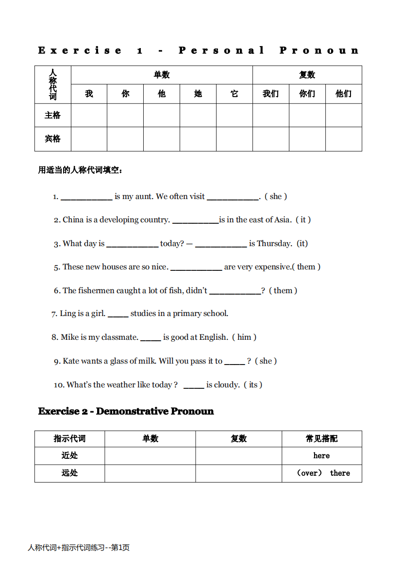 人称代词+指示代词练习