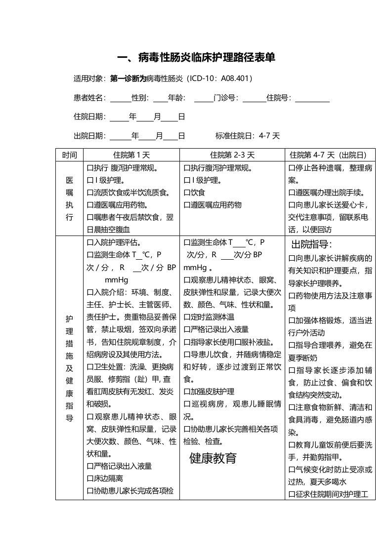 临床护理路径表单