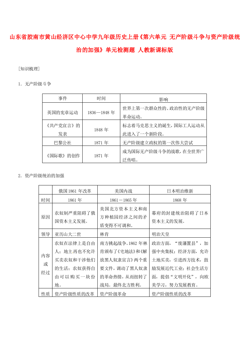 山东省胶南市黄山经济区中心中学九年级历史上册《第六单元