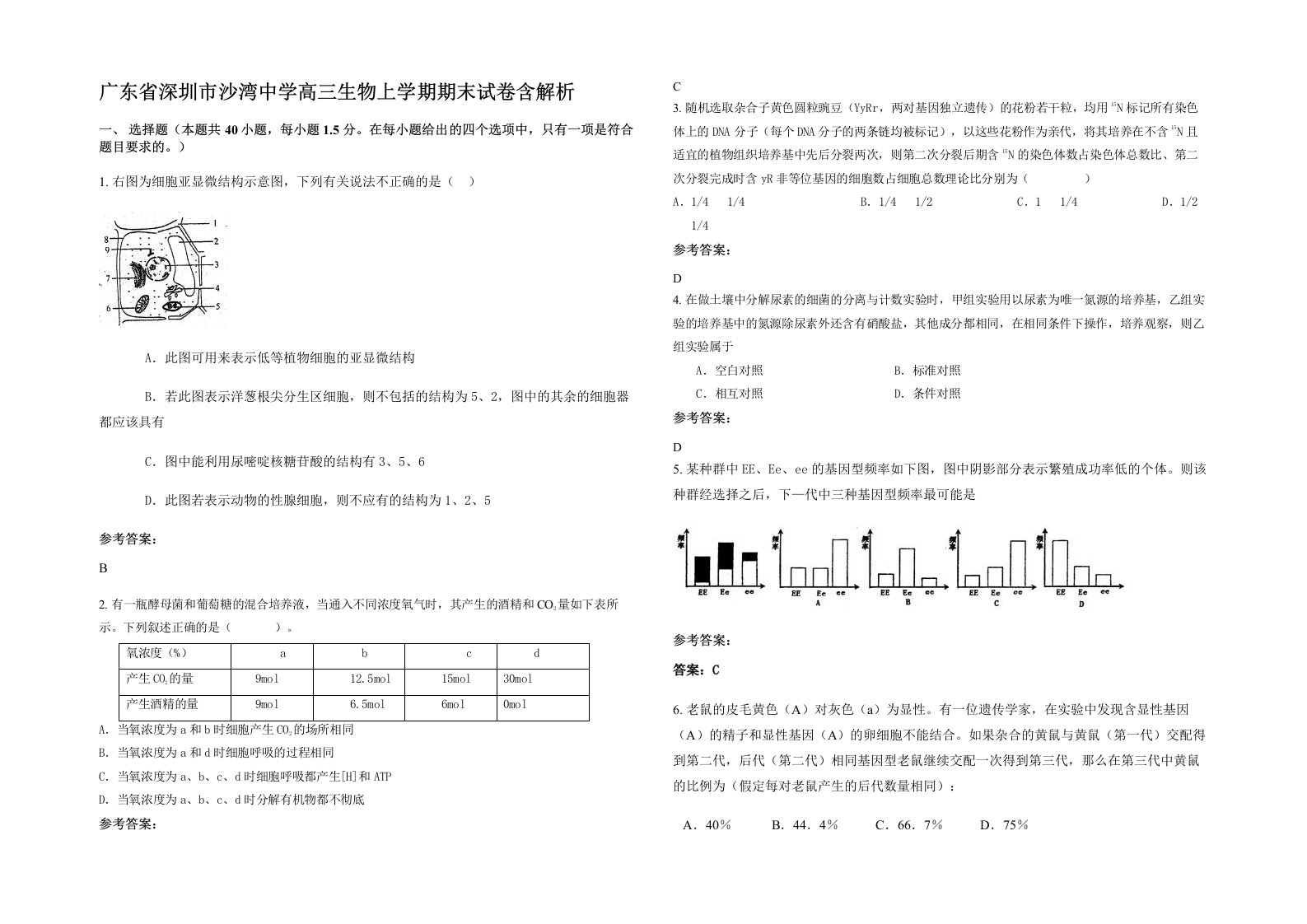 广东省深圳市沙湾中学高三生物上学期期末试卷含解析