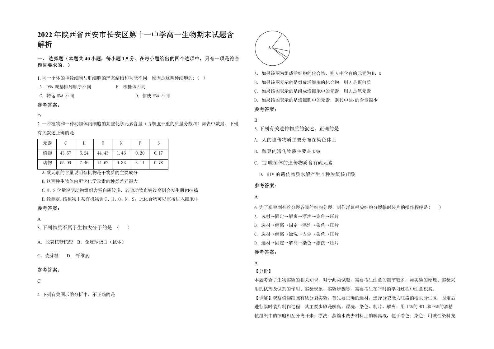 2022年陕西省西安市长安区第十一中学高一生物期末试题含解析