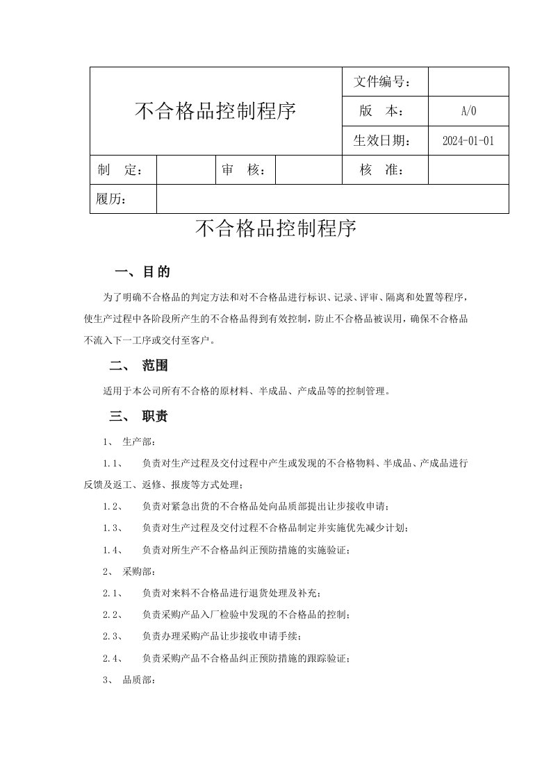 制造工厂不合格品控制程序