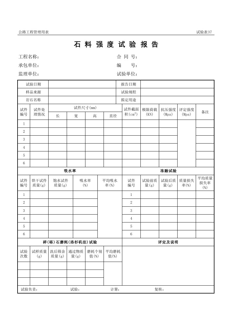 表格模板-公路工程管理用表范本石料强度试验报告