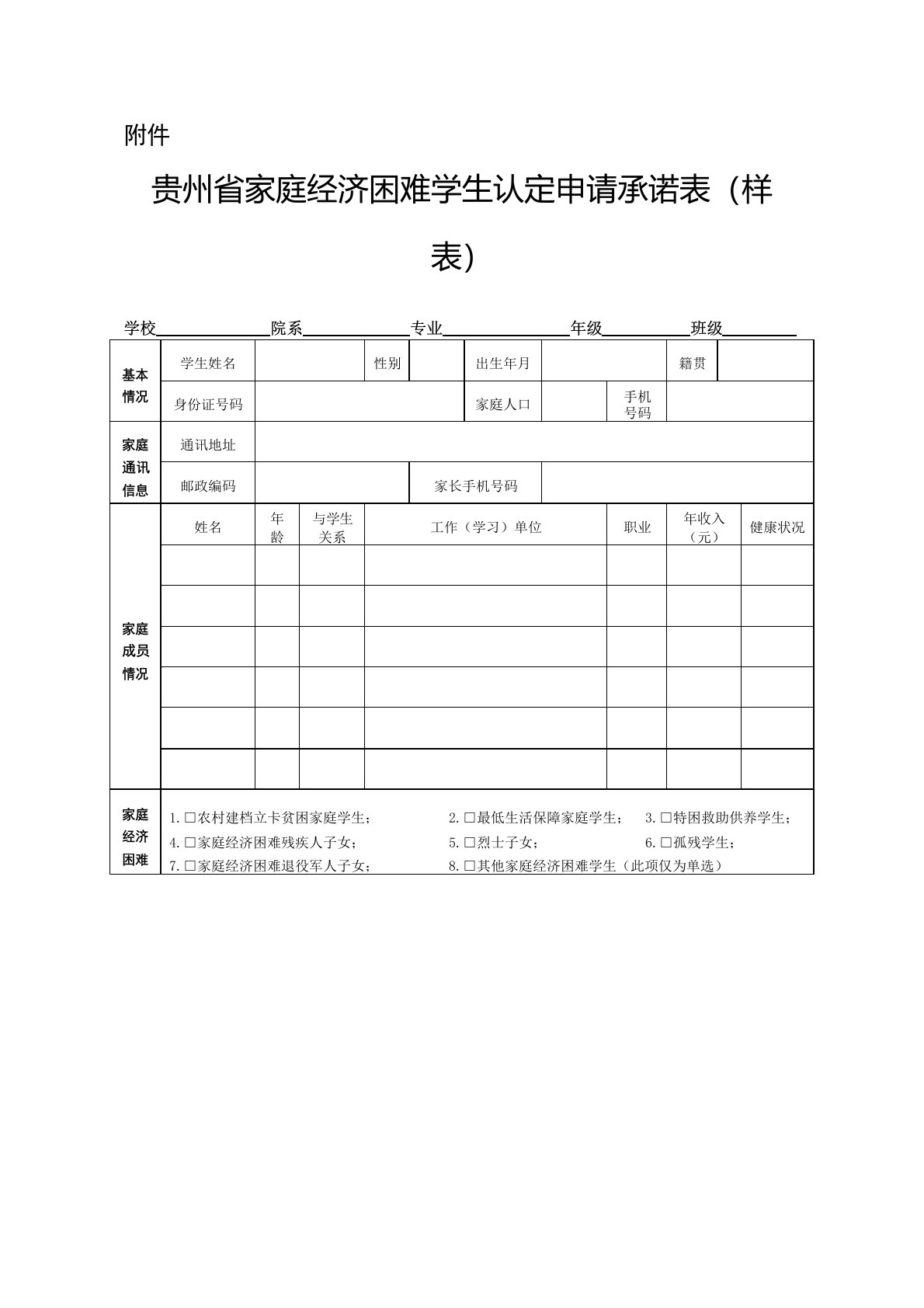 贵州省家庭经济困难学生认定申请承诺表(样表)【模板】