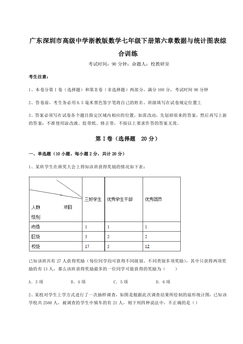 综合解析广东深圳市高级中学浙教版数学七年级下册第六章数据与统计图表综合训练试题（含详细解析）