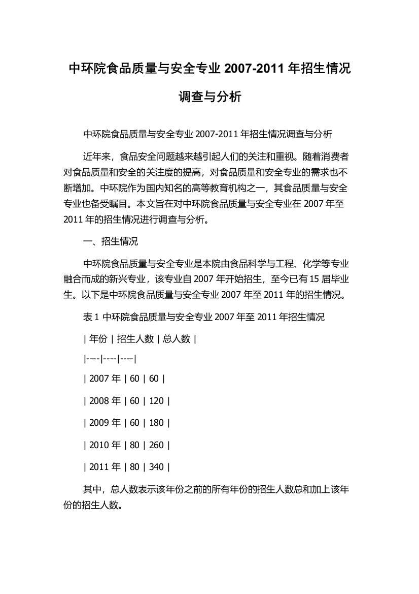 中环院食品质量与安全专业2007-2011年招生情况调查与分析