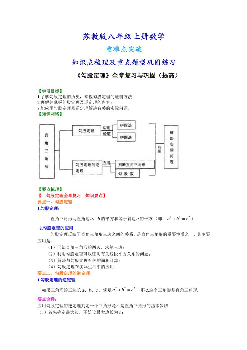 苏教版八年级上册数学勾股定理全章复习与巩固（提高）知识点整理及重点题型梳理