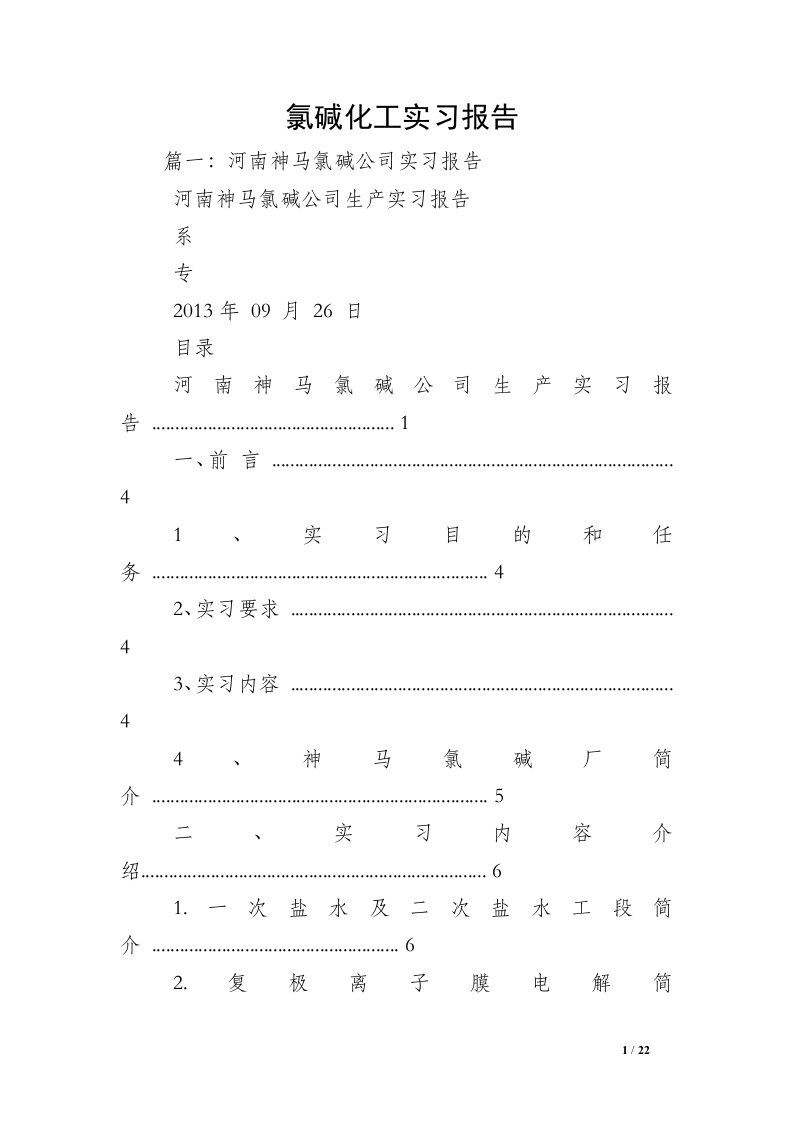 氯碱化工实习报告