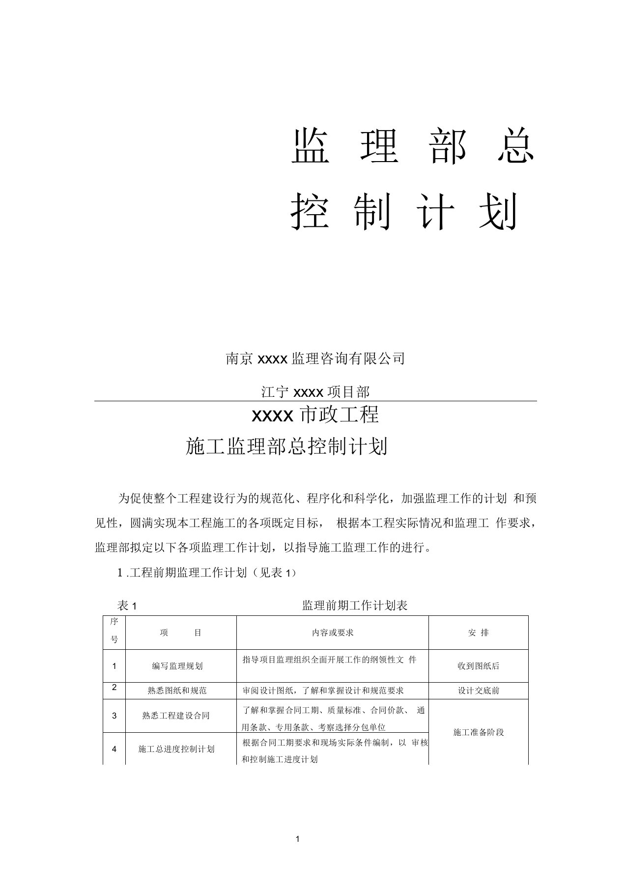 监理部总控制计划