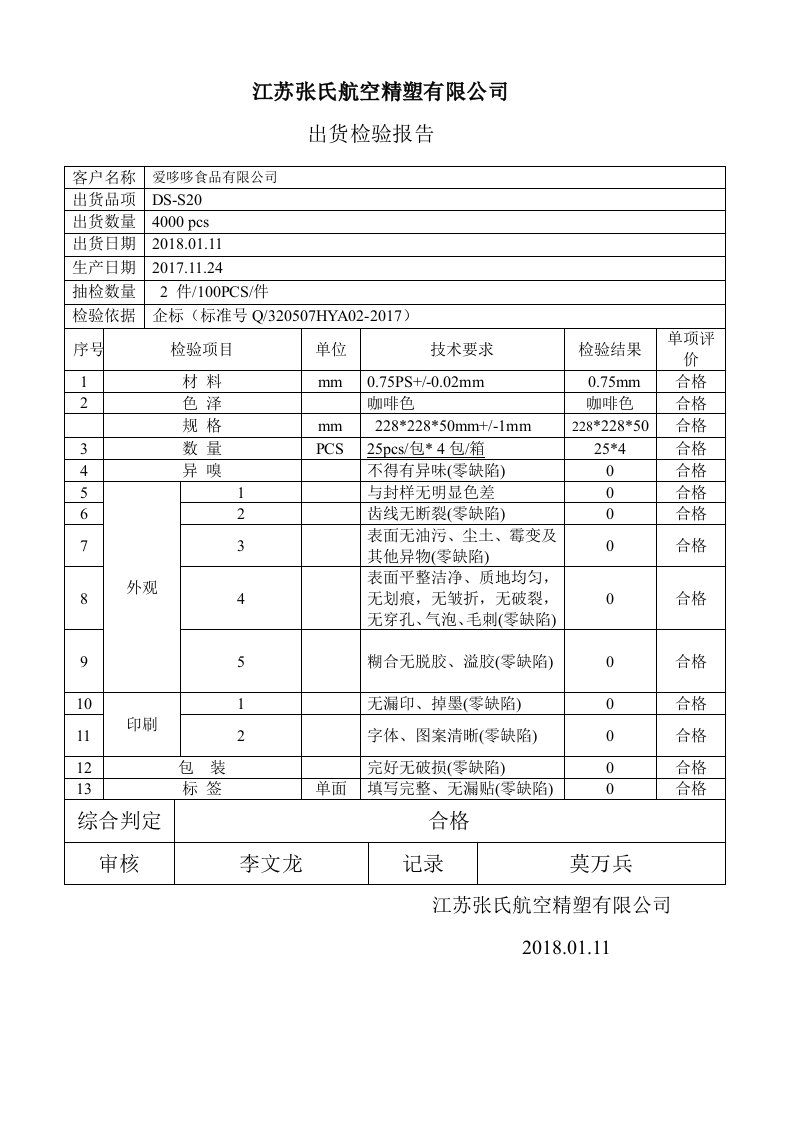 DS-S20吸塑出货检验报告