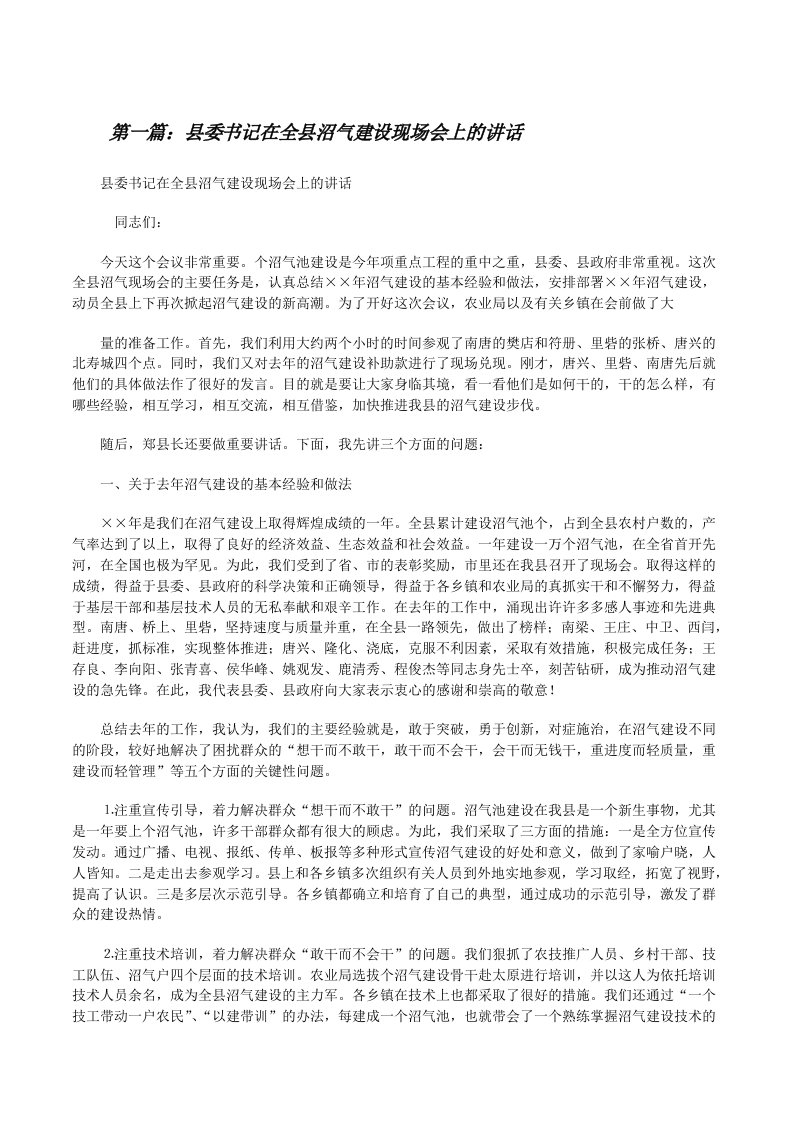 县委书记在全县沼气建设现场会上的讲话[修改版]