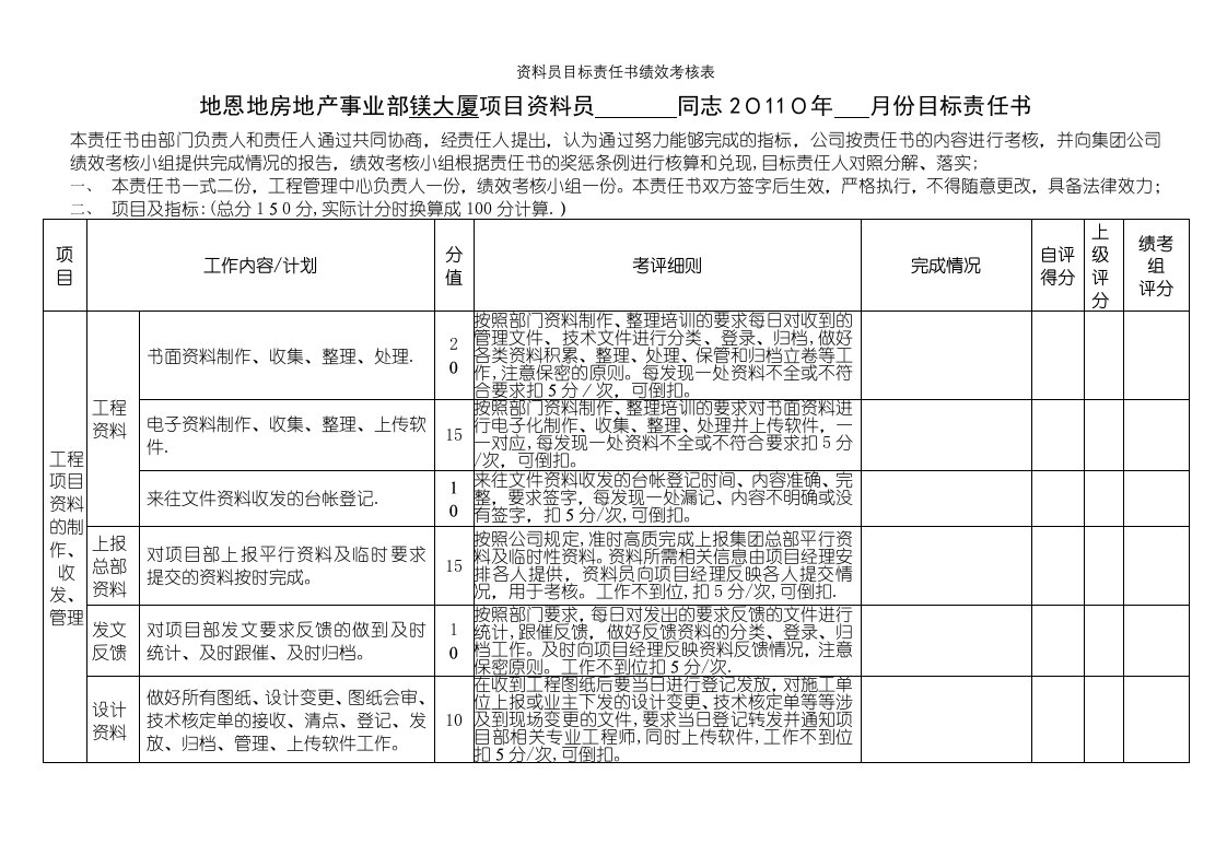 资料员目标责任书绩效考核表