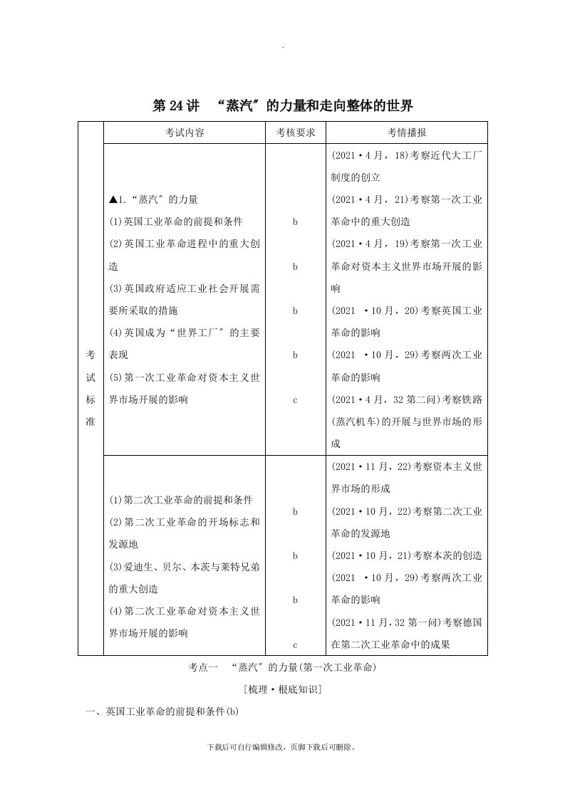 （浙江选考）202X版高考历史一轮复习专题十第24讲“蒸汽”的力量和走向整体的世界学案