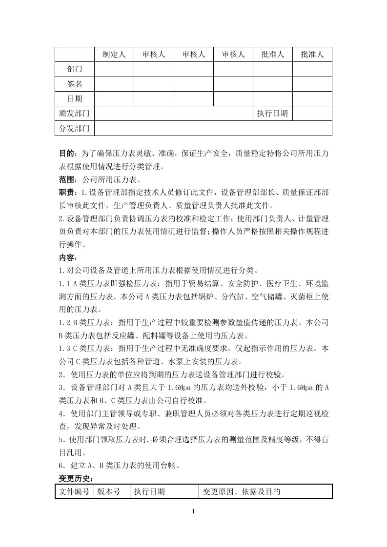 压力表分类管理规程