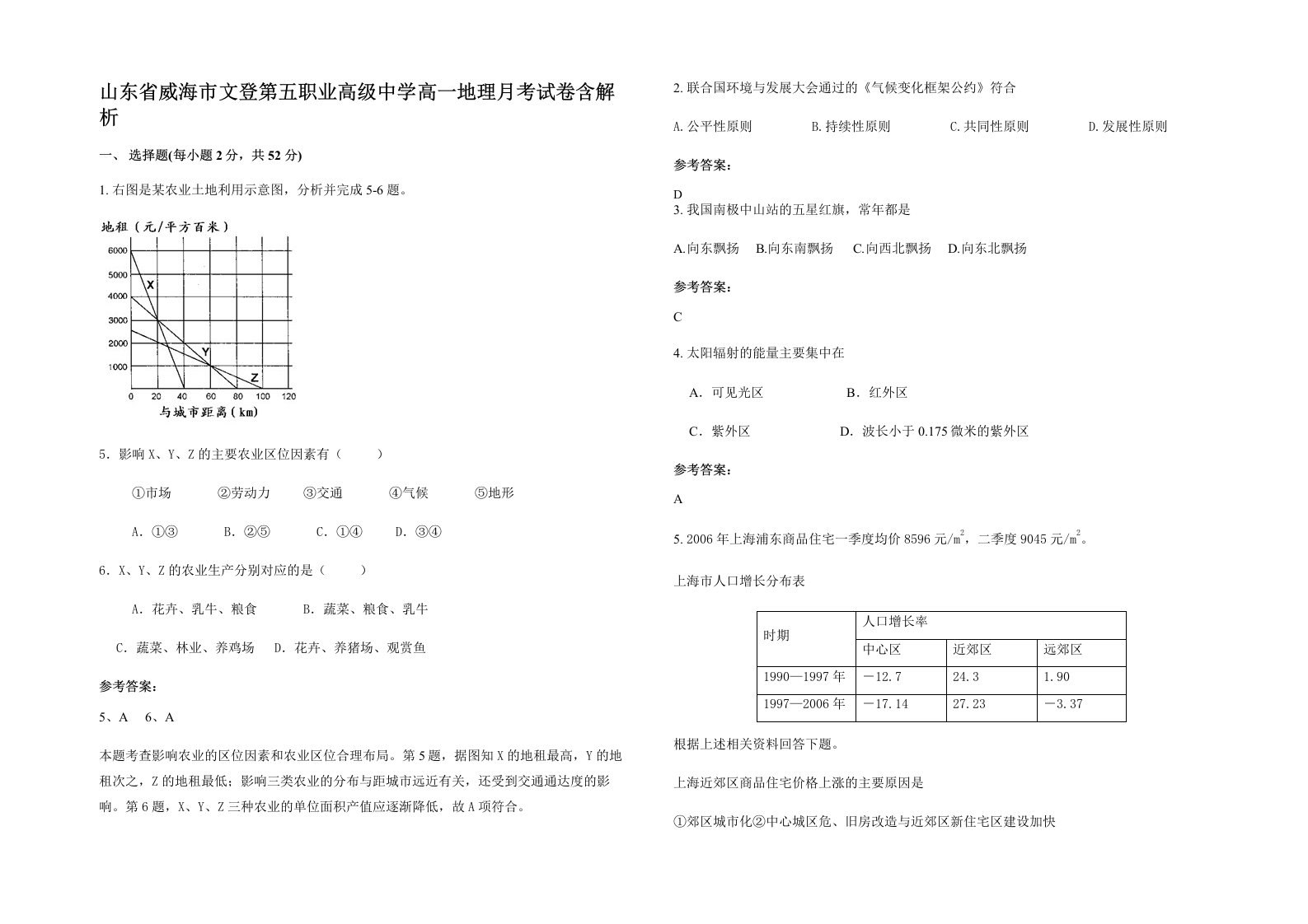 山东省威海市文登第五职业高级中学高一地理月考试卷含解析