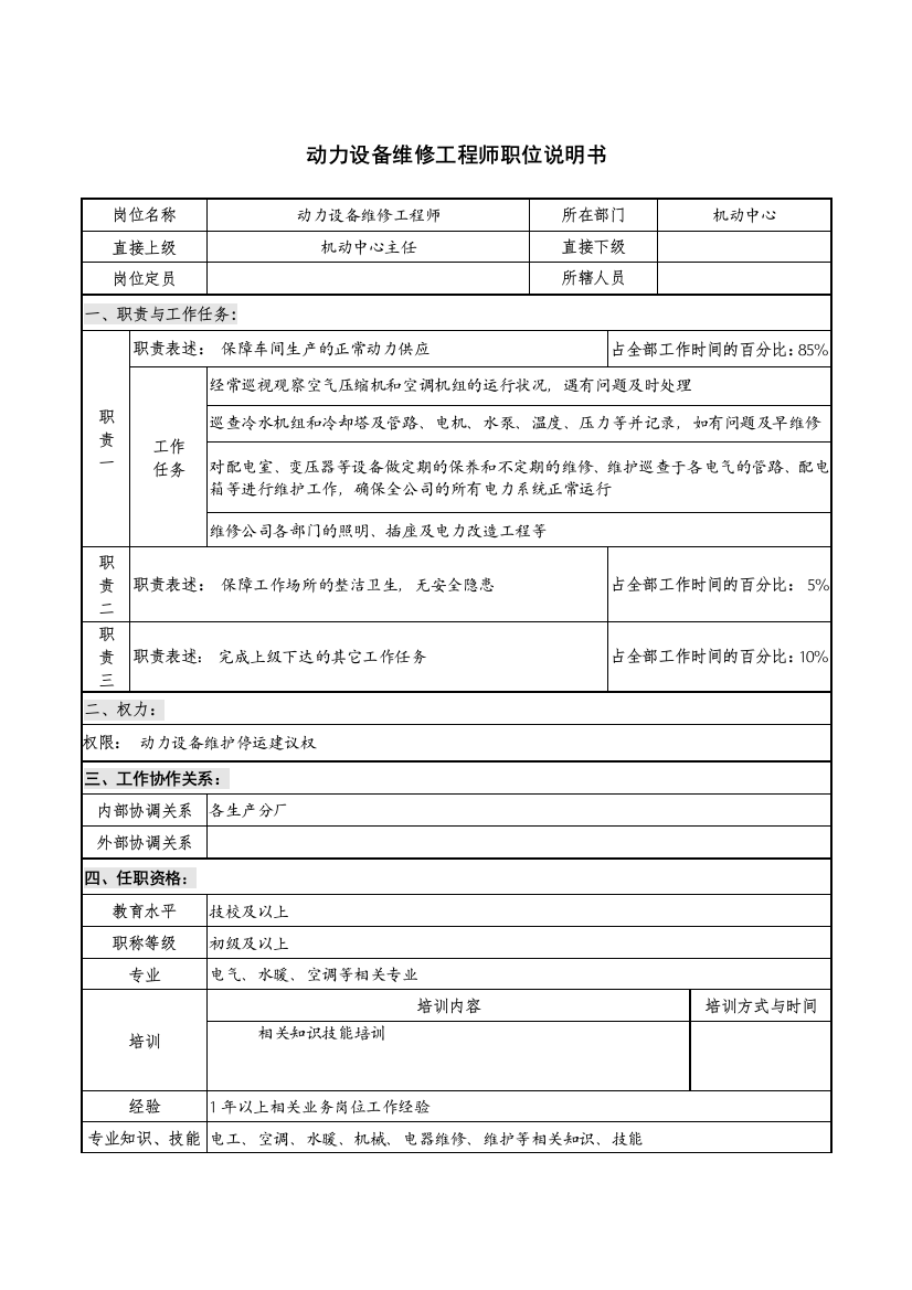 仪器生产企业动力设备维修工程师职位说明书