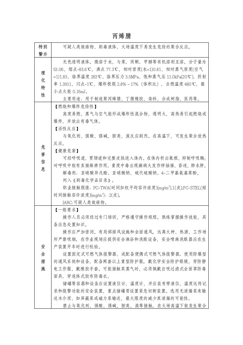 丙烯腈(MSDS)安全技术说明书