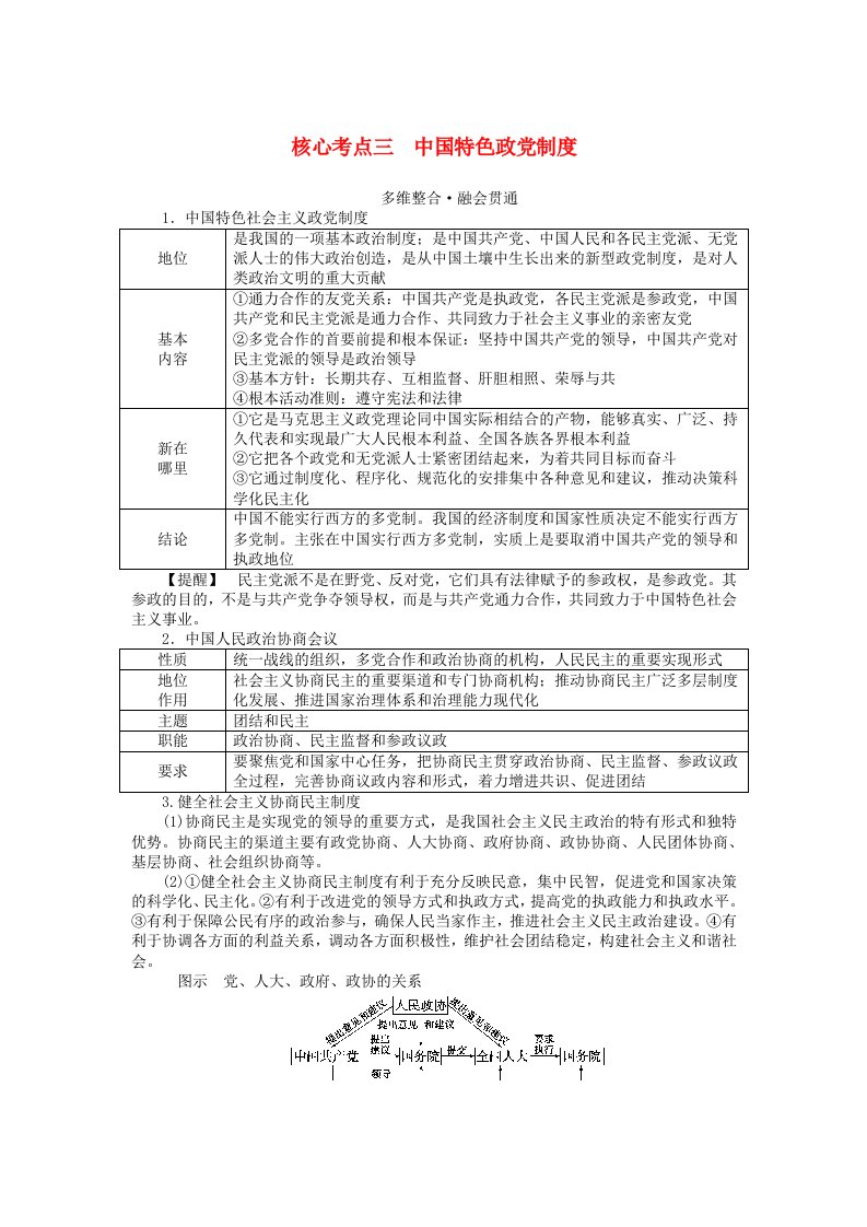 统考版2024高考政治二轮专题复习第一篇专题突破专题六政治制度与民主建设核心考点三中国特色政党制度教师用书