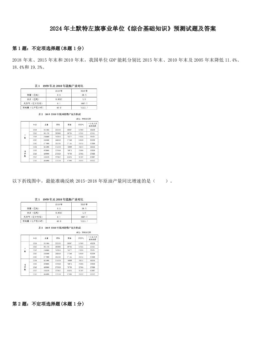 2024年土默特左旗事业单位《综合基础知识》预测试题及答案