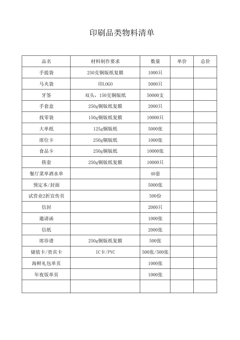 印刷品类物料清单xls