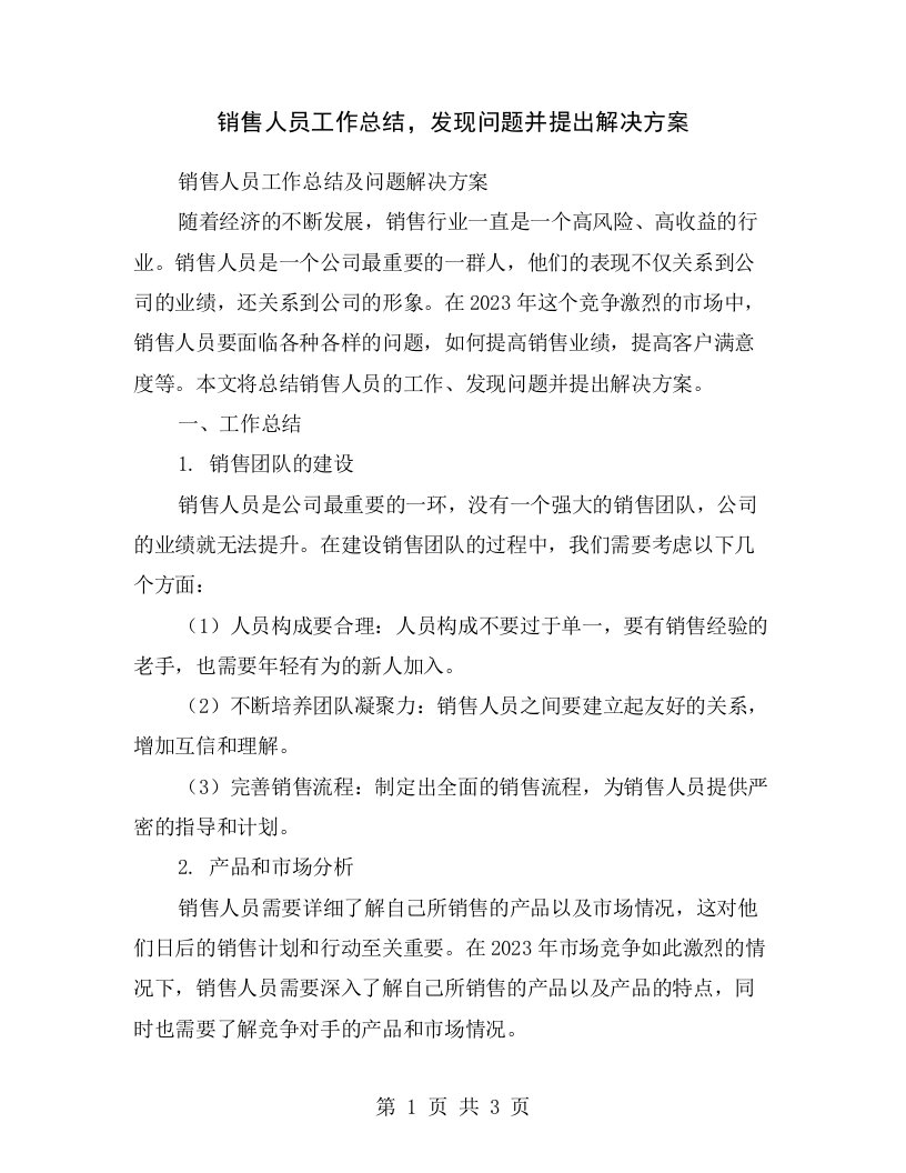 销售人员工作总结，发现问题并提出解决方案