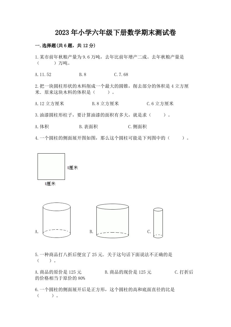 2023年小学六年级下册数学期末测试卷（模拟题）