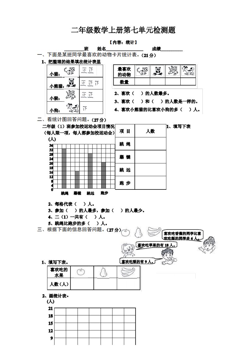 人教版小学二年级上册数学第7单元试卷4套