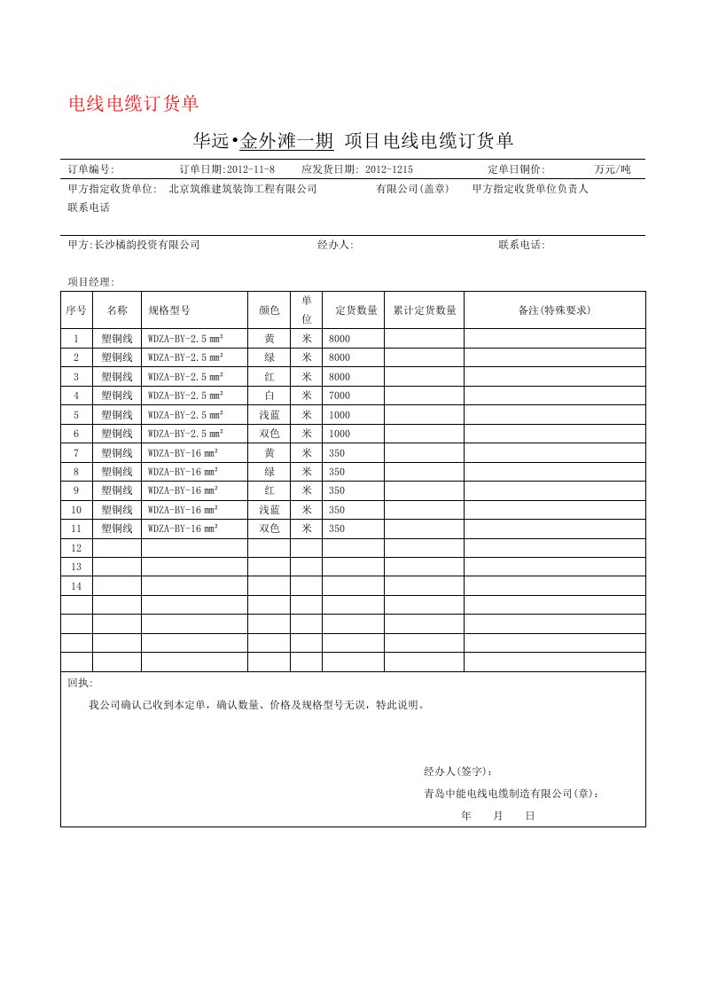 电线电缆订货单