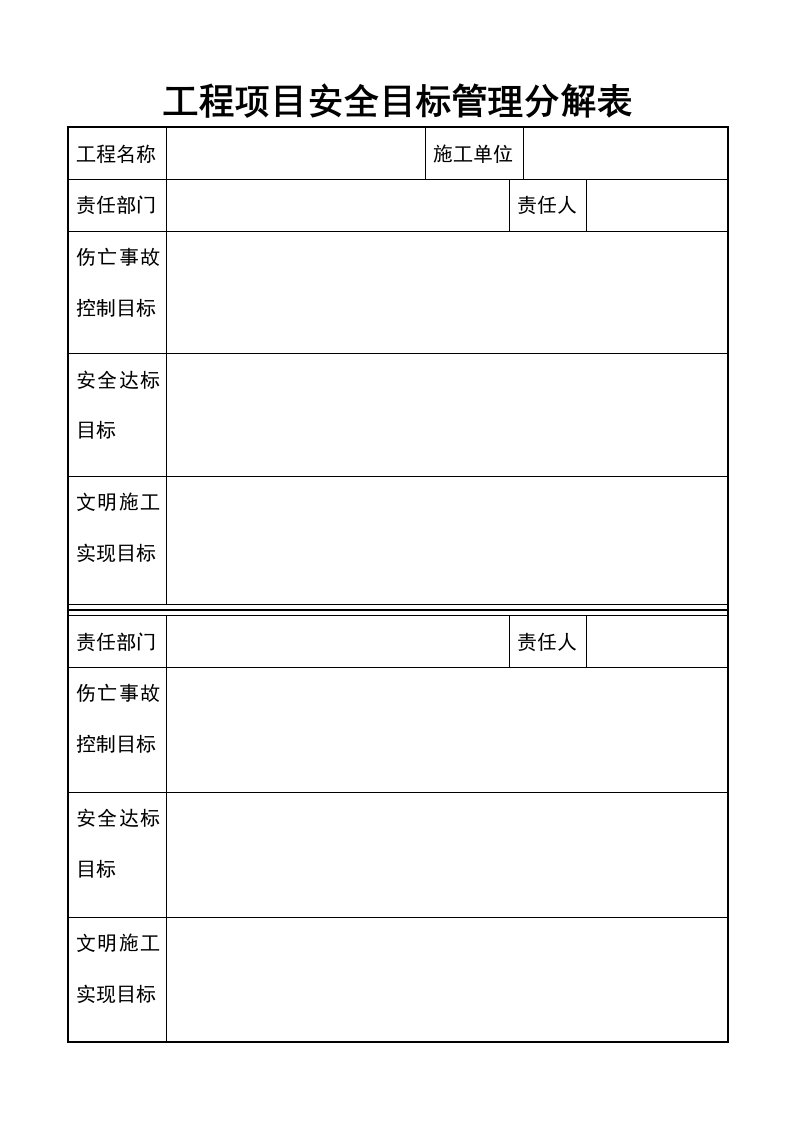 精品文档-工程项目安全目标管理分解表