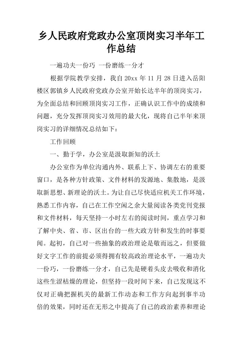 乡人民政府党政办公室顶岗实习半年工作总结