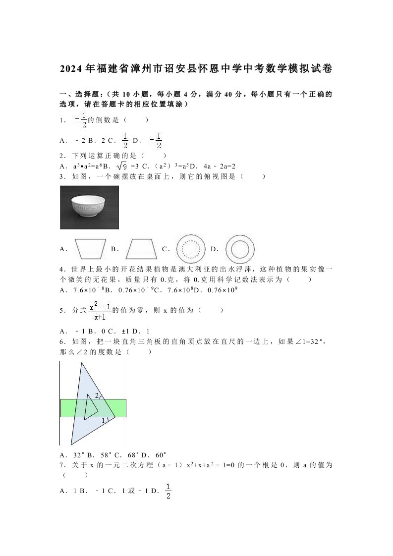 福建省漳州市诏安县2024年中考数学模拟试卷含答案解析word版