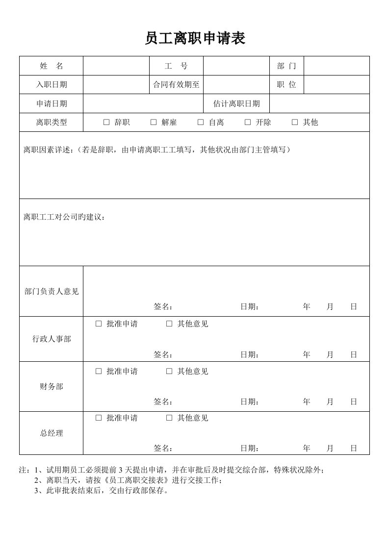 试用期员工离职申请表