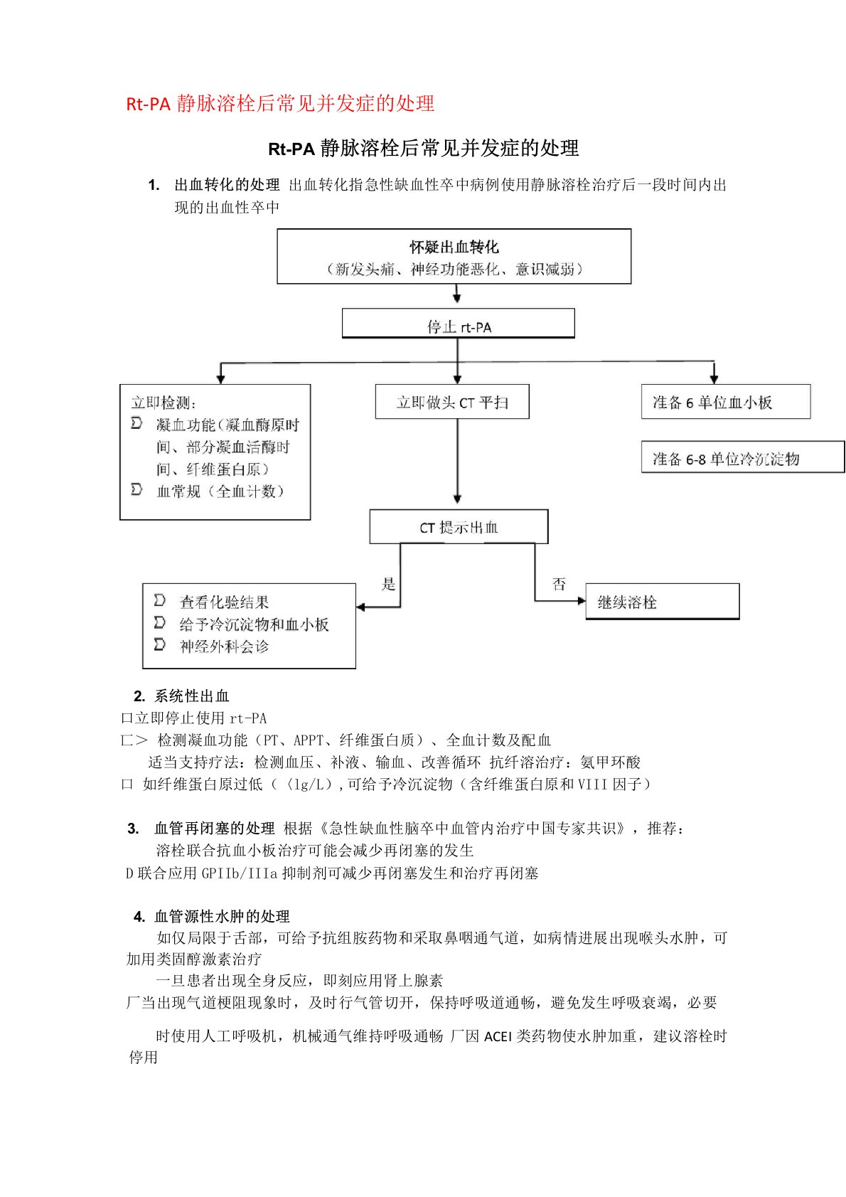 RtPA静脉溶栓后常见并发症的处理