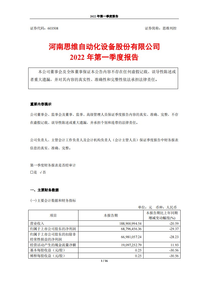 上交所-思维列控2022年第一季度报告-20220427