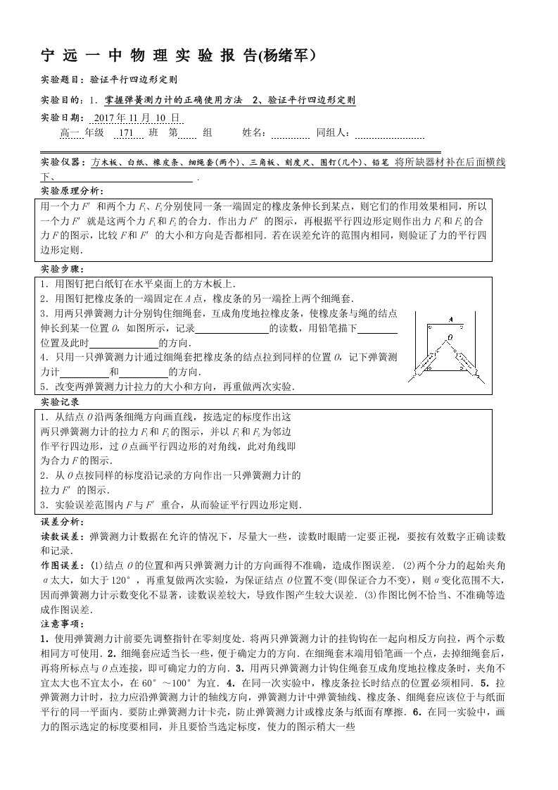 物理实验报告-验证平行四边形定则