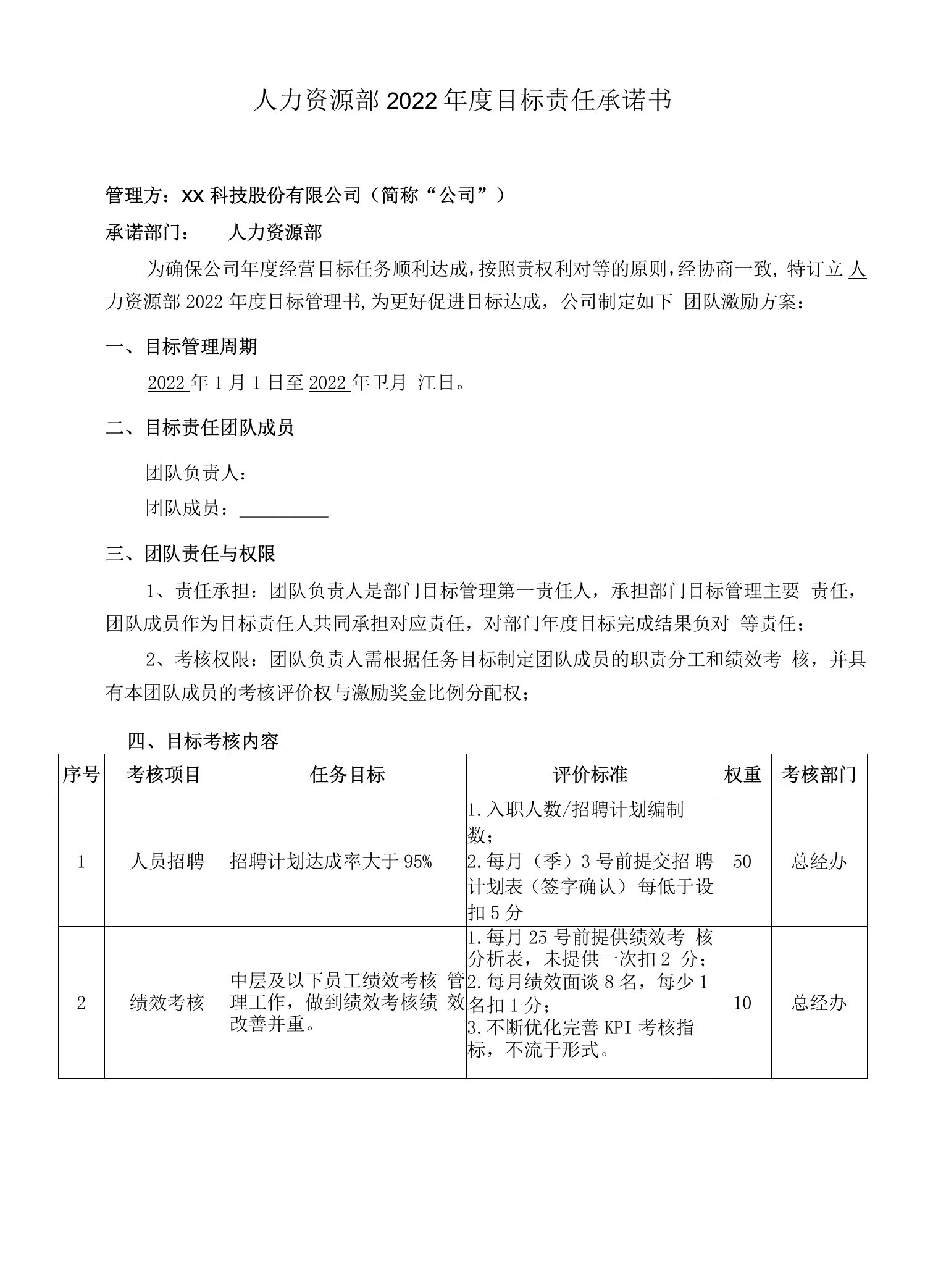 人力资源部2022年度目标责任承诺书