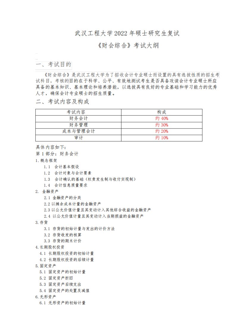 武汉工程大学2022年硕士研究生考试大纲