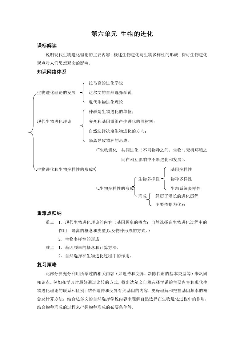 新课标高中生物专题复习必修II第6、生物的进化