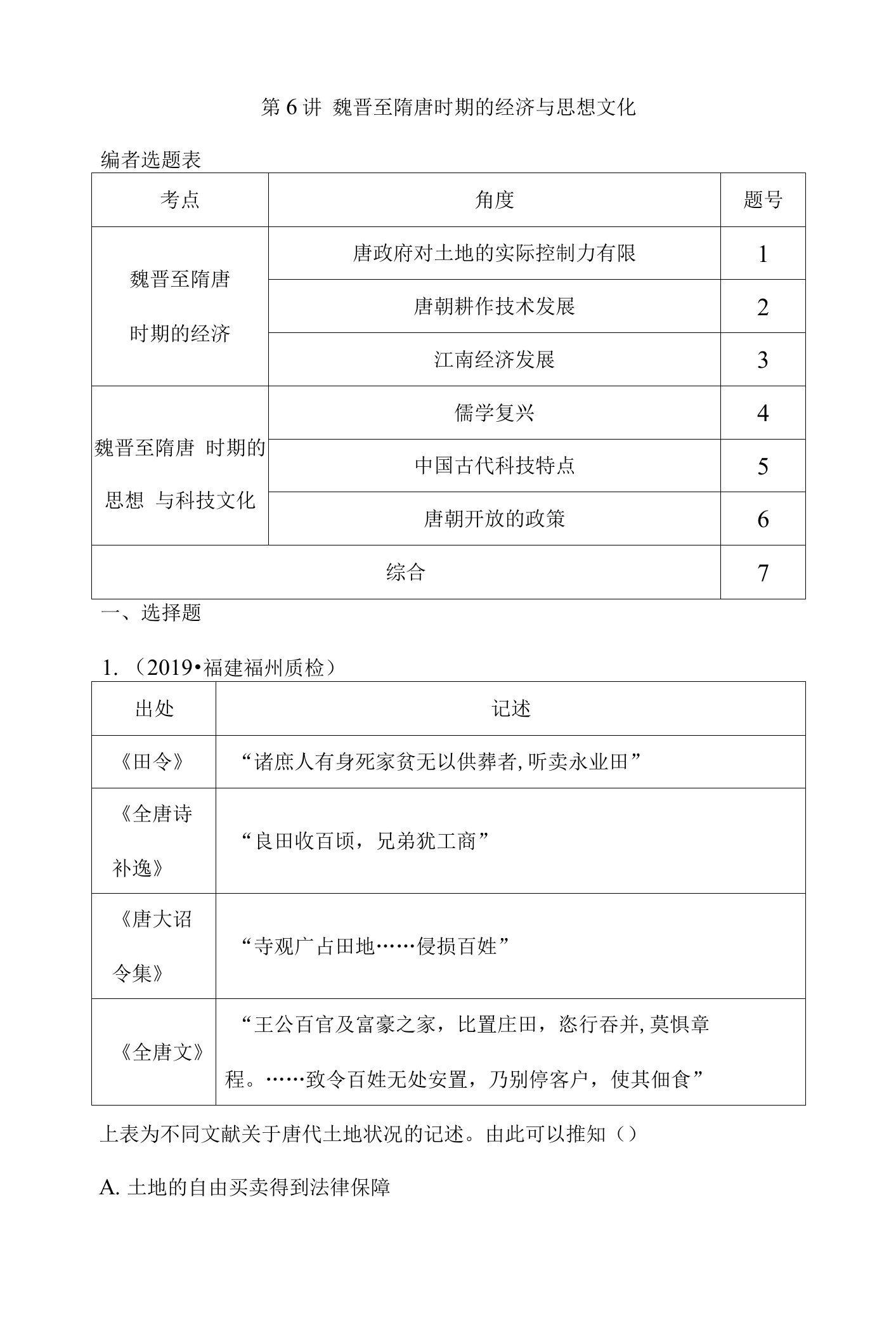 高考历史通史A版大一轮复习提升训练第6讲魏晋至隋唐时期的经济与思想文化