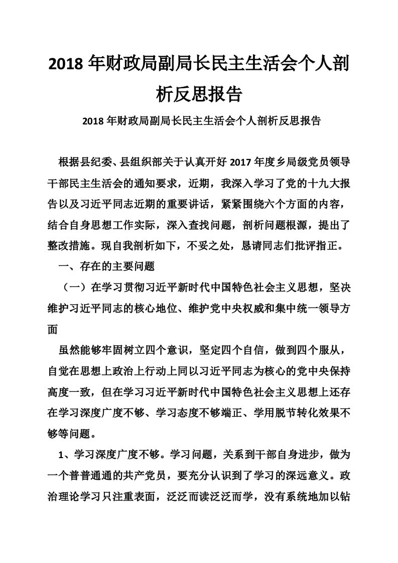 2018年财政局副局长民主生活会个人剖析反思报告