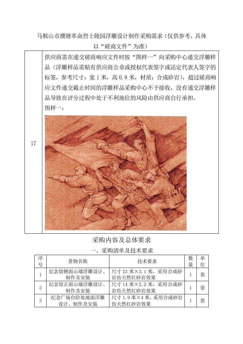 马鞍山濮塘革命烈士陵园浮雕设计制作采购需求（仅供参