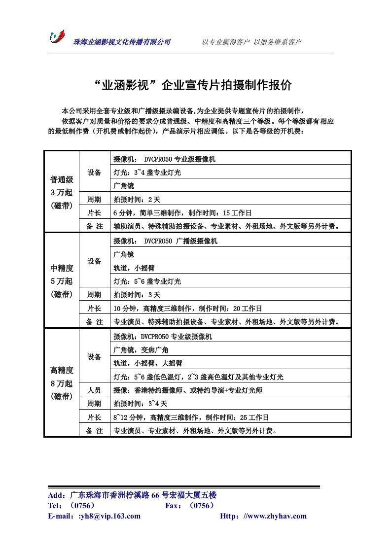 企业宣传片拍摄制作价格报价表