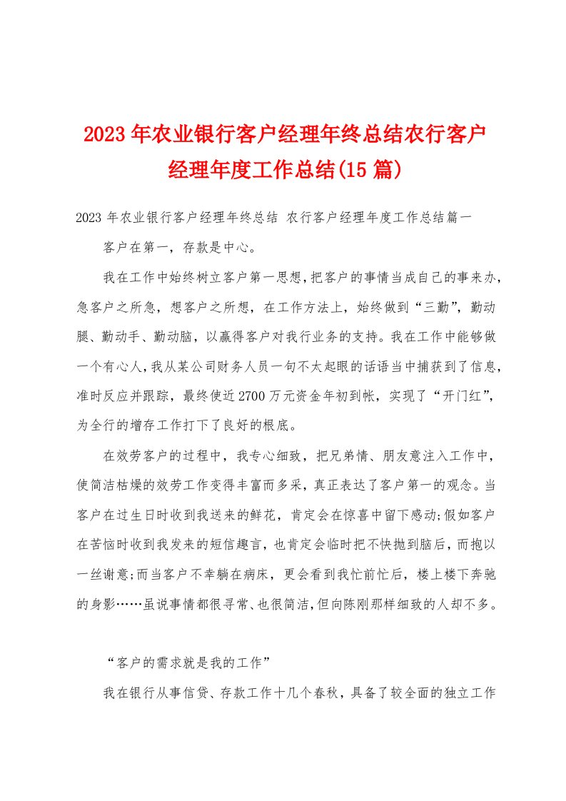 2023年农业银行客户经理年终总结农行客户经理年度工作总结(15篇)