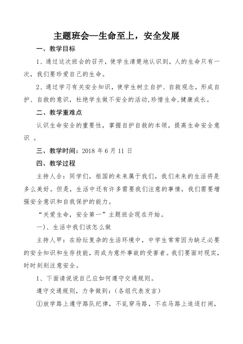 生命至上安全发展主题班会教案