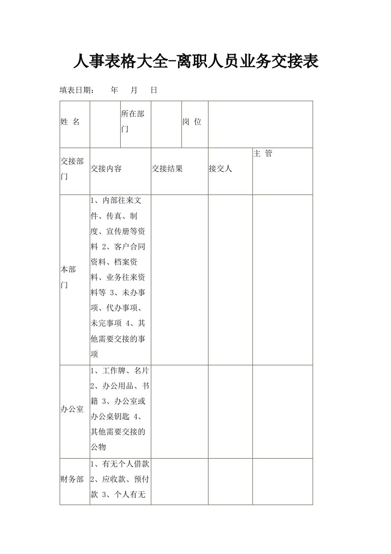 人事表格大全离职人员业务交接表