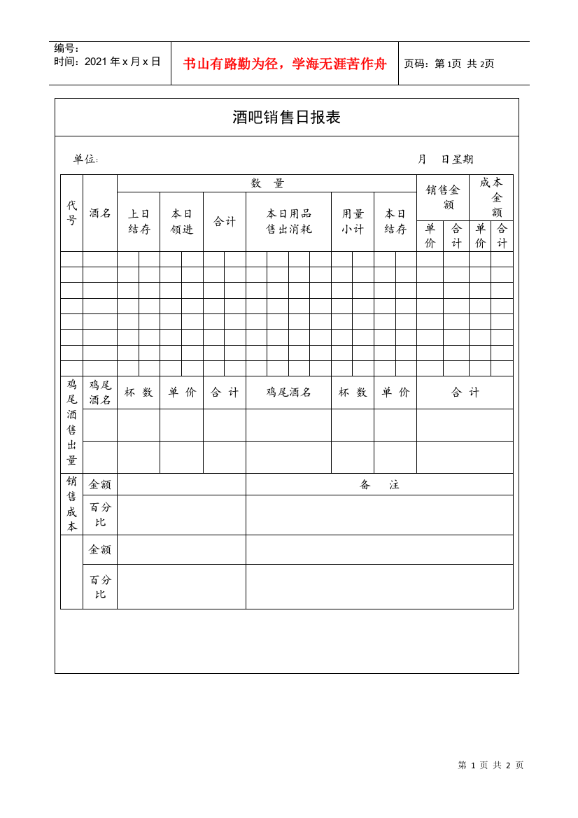 酒吧销售日报表a